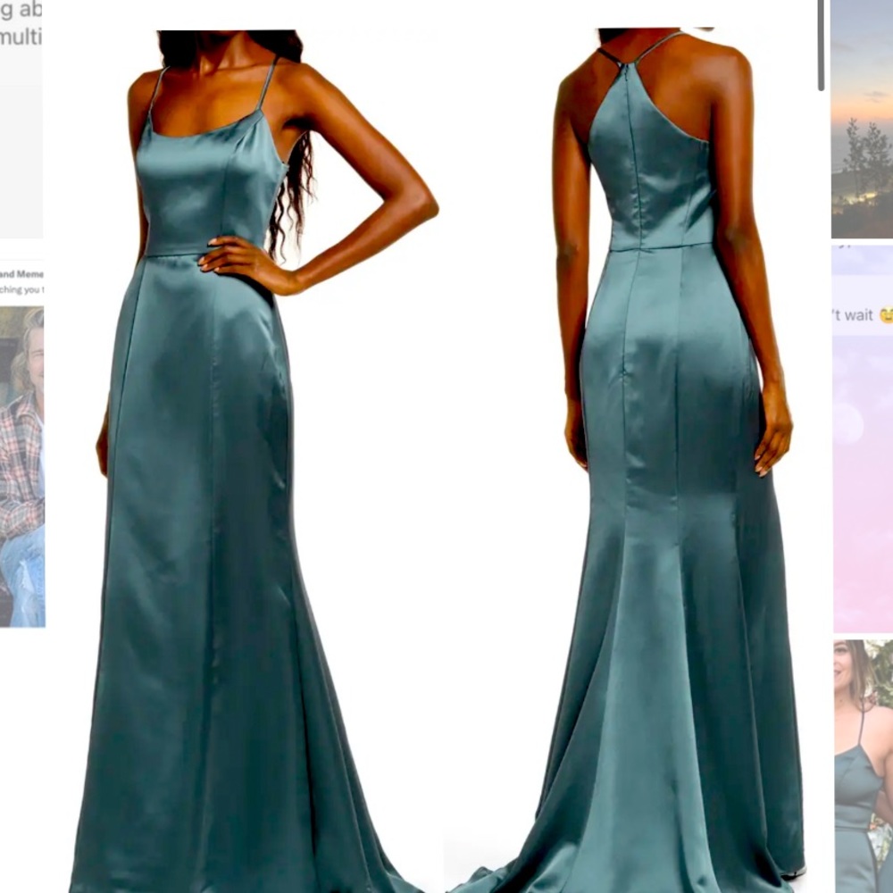 Amsale Teal Satin Maxi Dress
